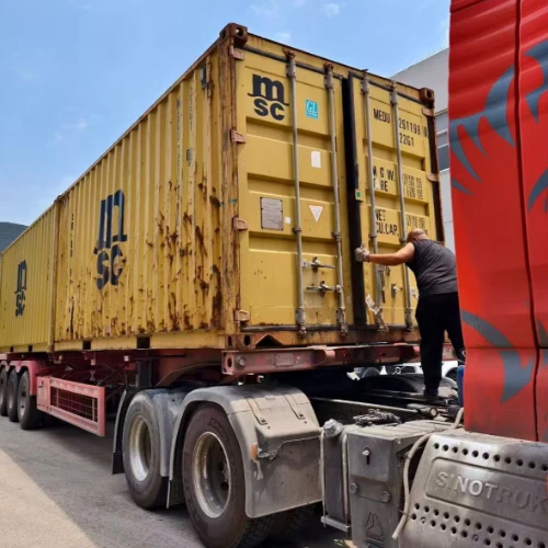 Secured shipping container loaded with HAIFEI welding equipment ready for transport to Tunisia.
